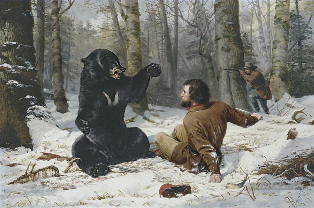 ours et chasseurs Peintures à l'huile